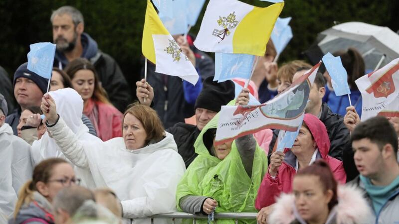 Pilgrims wait for the arrival of Pope Francis at Knock shrine. Picture by Niall Carson/PA Wire 