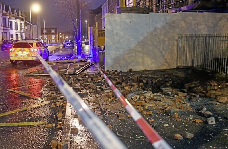 Alan Lewis- PhotopressBelfast.co.uk      2-1-2018A chimney was brought down by high winds in University Street in South Belfast tonight as Storm Eleanor was battering Northern Ireland with trees down and power custs across the country as winds of up to 90mph brought very dangerous driving conditions with the police advising no-one to travel unless their journey was absolutely essential. 