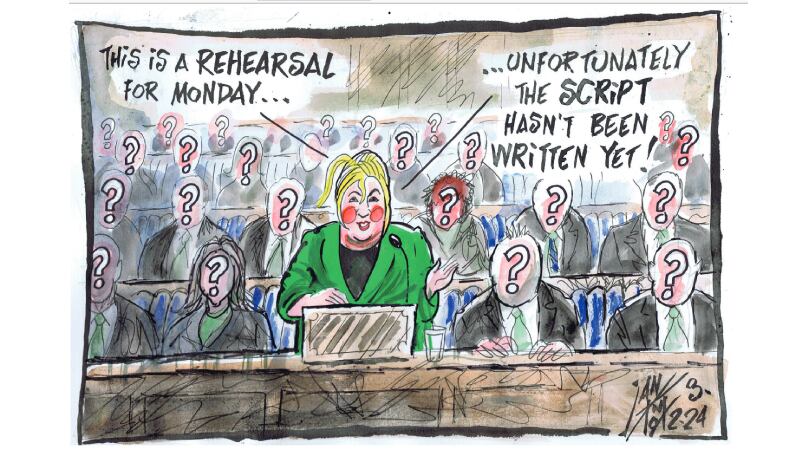 Cartoon showing Michelle O'Neill speaking in the Stormont assembly chamber