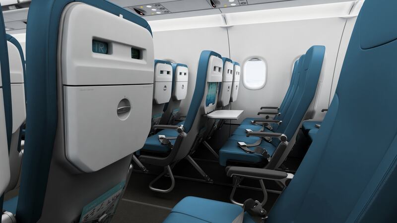 Interior of an empty aircraft showing passenger seats from across the aisle.