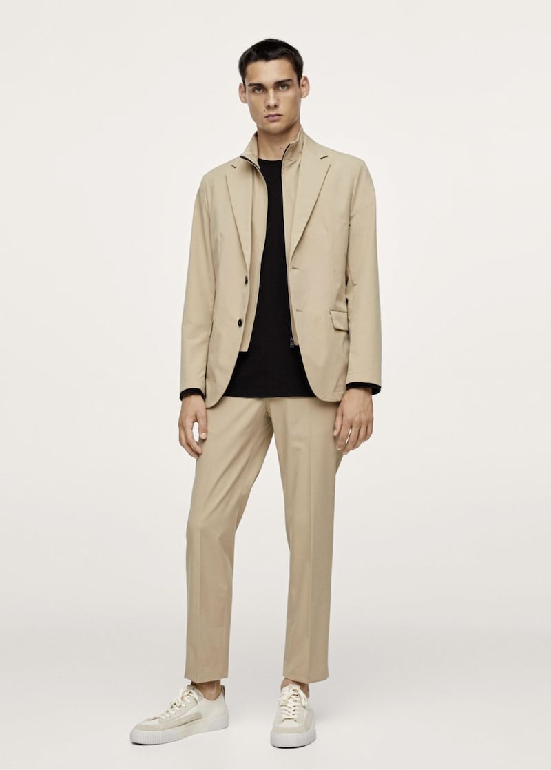 Mango Slim Fit Technical Packable Suit Blazer, &pound;59.99 (was &pound;119.99); Technical Packable Collection Slim-fit Trousers, &pound;29.99 (were &pound;59.99), available from Mango 