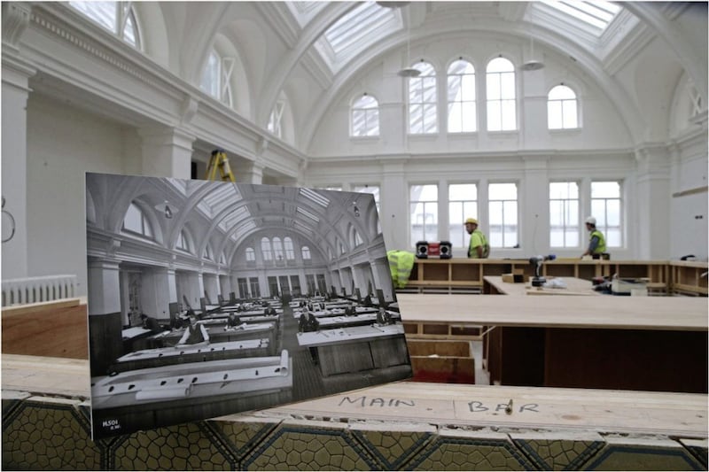 Now and then: View of how the drawing room at the Harland &amp; Wolff headquarters looked in 1900 and today. Picture: Hugh Russell 