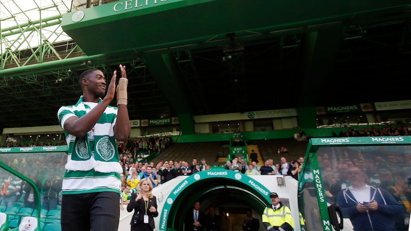 Celtic's new defender Tyler Blackett, on loan from Manchester United, is paraded to the fans at half-time during the Ladbrokes Scottish Premiership match at Celtic Park last Saturday<br />Picture: PA