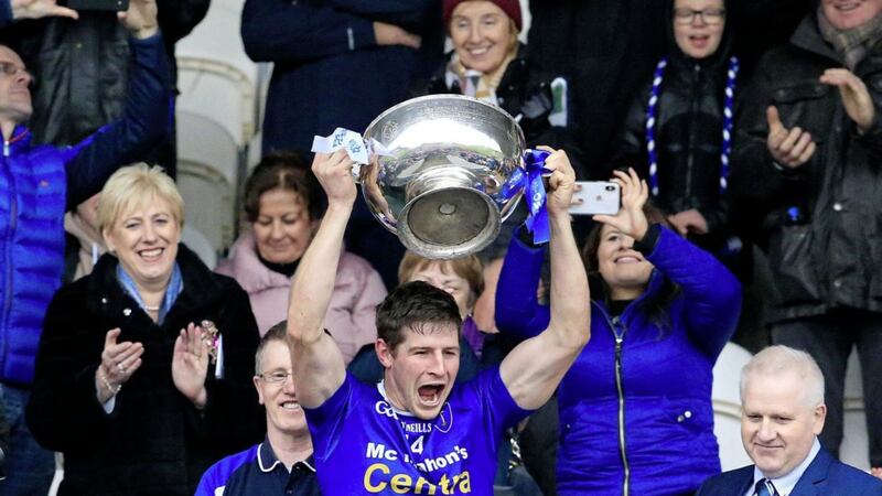 Scotstown captain Darren Hughes hoists aloft the Mick Duffy Cup after yesterday's Monaghan final victory over Ballybay <br />Picture by Philip Walsh