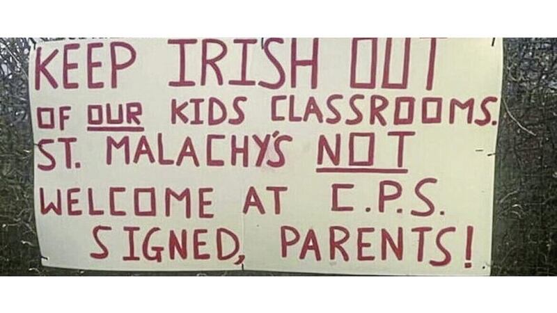 The sign erected outside a primary school in Clough, Co Down last month. 