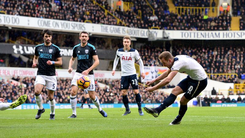 Tottenham Hotspur's Harry Kane scores his side's first goal of the game during the Premier League match at White Hart Lane, London.&nbsp;