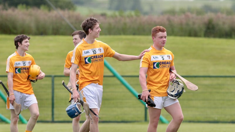 The successful Saffrons, including James McNaughton and Odhr&aacute;n McKenna, make their way off the pitch at the end of Sunday's Ulster MHC semi-final <br />Picture: Margaret McLaughlin&nbsp;