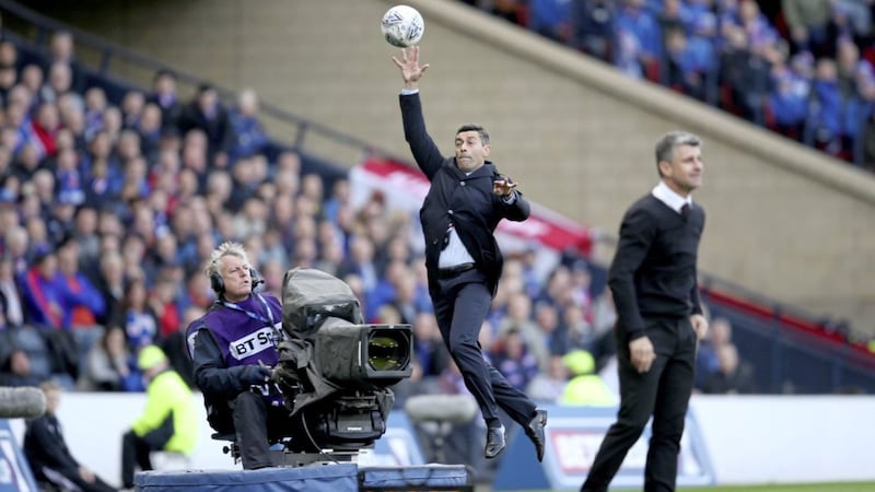 Rangers boss Pedro Caixinha retrieves the ball during his side&#39;s 2-0 loss to Motherwell in the Betfred Cup semi-final at Hampden Park yesterday Picture: PA 