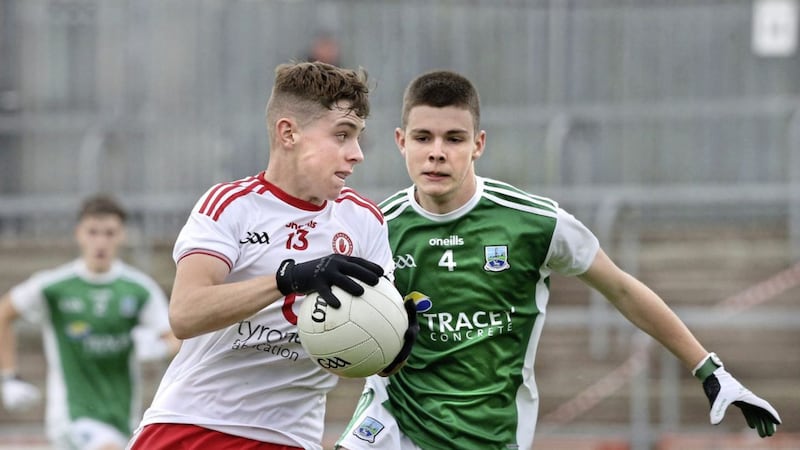 Tyrone Ronan Cassidy with Kai McGoldrick of Fermanagh during the Ulster Minor Football Championship semi-final. Tyrone have yet to be fully tested on their way to Friday&#39;s final against Donegal according to manager Gerard Donnelly 					Picture: Margaret McLaughlin. 