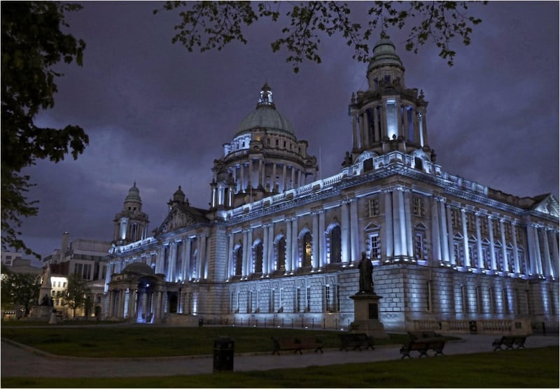 Belfast City Hall is lit up blue to show support for the NHS