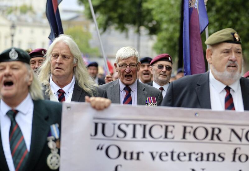 Former British soldier Dennis Hutchings (centre), who has been charged over the fatal 1974 shooting of a man in Northern Ireland, takes part in a protestin London to call for an end to prosecutions of veterans who served during the Troubles. Photo by Gareth Fuller/PA Wire  