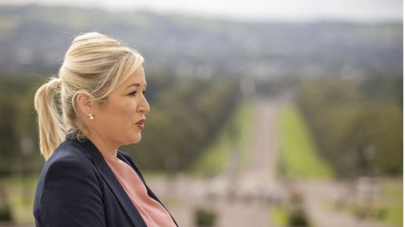 Deputy First Minister Michelle O&rsquo;Neill at Stormont in Belfast yesterday during her first press conference since recovering from Covid-19