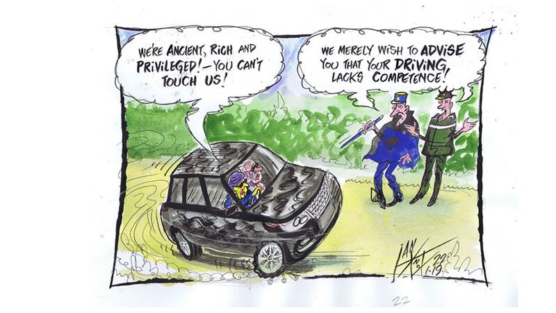 Ian Knox cartoon 22/1/19: Police say they have spoken to the Duke of Edinburgh after he was pictured wearing dark glasses, driving without a seatbelt 48 hours after being involved in a crash. Theresa May returns to the Commons three days after the massive defeat of her withdrawal bill and doesn't appear to have changed much&nbsp;