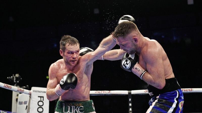 Conrad Cummings and Luke Keeler trade blows in their first meeting in April last year. Picture Mark Marlow. 