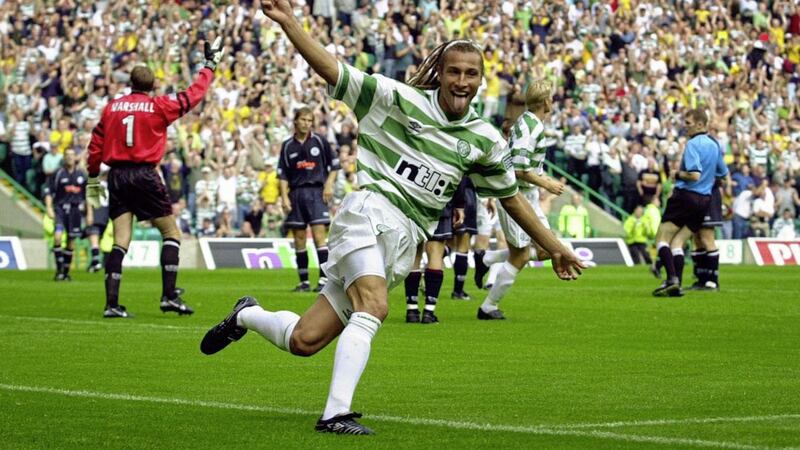 Celtic&#39;s Henrik Larsson celebrates after scoring in the first minutes of the second half against Kilmarnock at Celtic Park in 2000 