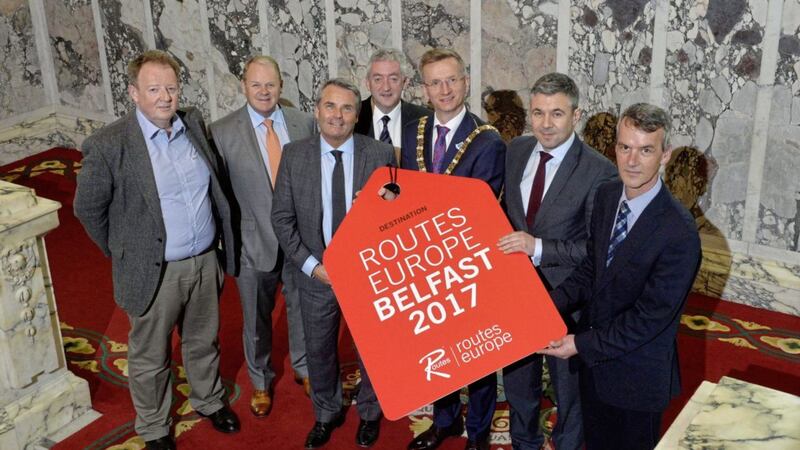  Lord Mayor of Belfast, Alderman Brian Kingston is pictured with (l-r) Graham Keddie, managing director of Belfast International Airport, Brian Ambrose, chief executive of Belfast City Airport, Steven Small, Routes Europe, John McGrillen, chief executive of Tourism NI, Andrew Williams of UBM and Peter Harbinson of Invest NI.  