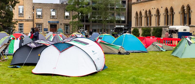 Students set up an encampment outside Pitts Rivers Museum at Oxford University