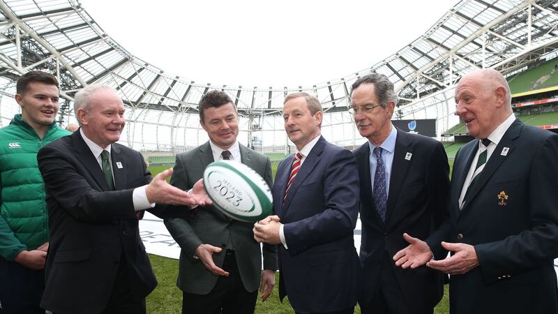 Deputy First Minister of Northern Ireland Martin McGuinness (second left) with (from left) former Ireland international Brian O'Driscoll, An Taoiseach Enda Kenny, Dick Spring, Chairman of Ireland's RWC 2023 Bid Oversight Board and Stephen Hilditch IRFU President, at the Aviva Stadium in Dublin for the announcement of details for Ireland's bid to host the 2023 Rugby World Cup.&nbsp;