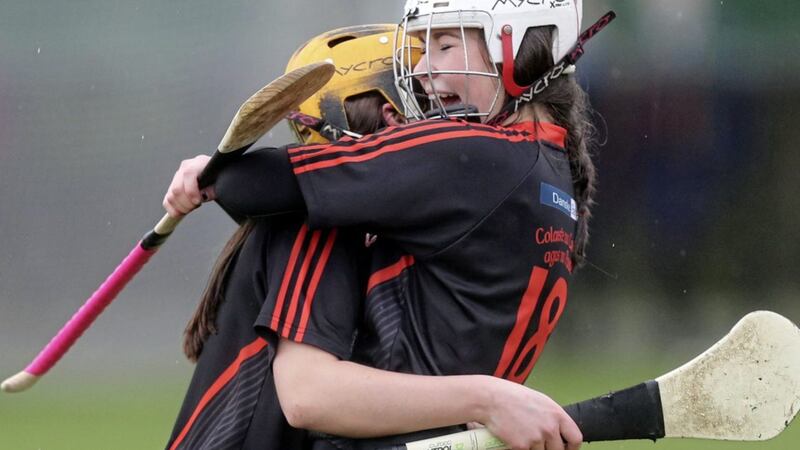 CPC's Aoife O'Mullan and Maeve Kelly celebrate their team's win over St Pat's Maghera in Tuesday's Ulster Colleges Camogie Senior final replay at Dunsilly. Piture by Dylan McIlwaine.