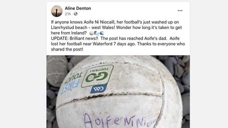 An Irish girl's gaelic football was found washed up on a Welsh beach yesterday