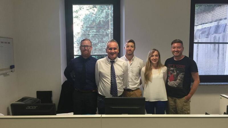 Some of the Irish contingent at the St Louis school in Milan, from left to right: Glen Brien (deputy head, Dublin), Gerry Rafferty (prinicipal, Armagh), Gavin Williams (biology, Belfast), Aisling Lynch (biology, Kerry) and Tony Williams (data manager, Belfast) 