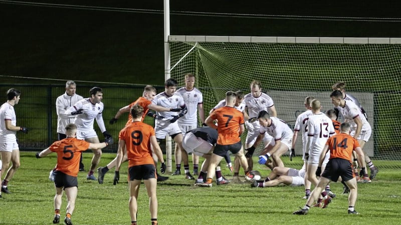 Eamon McGill poked home a late goal for Lavey in last year&#39;s semi-final to take Slaughtneil to extra-time but the Emmet&#39;s powered through. The sides meet again tomorrow evening in Owenbeg. Picture by Margaret McLaughlin 