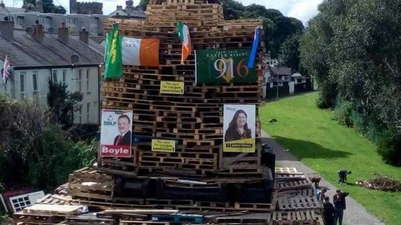 Alliance and SDLP election posters and tricolours on a bonfire in Killyleagh, Co Down 