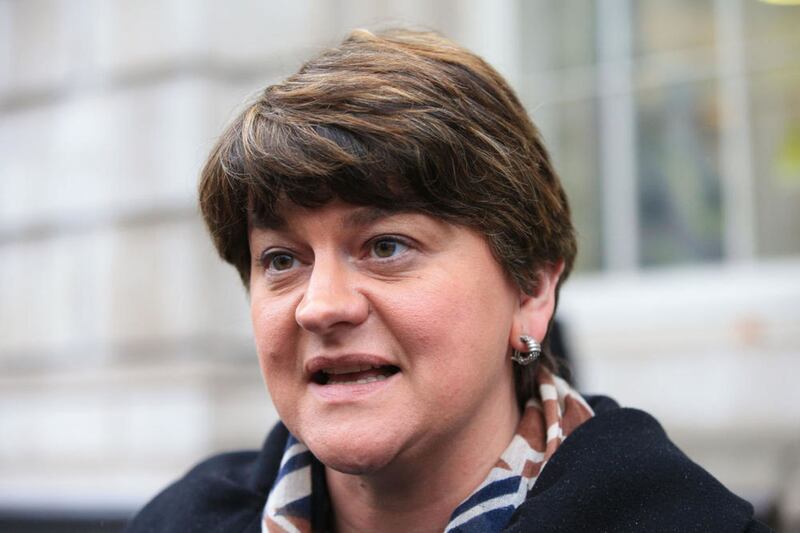 Northern Ireland First Minister Arlene Foster talking to the waiting media outside the Cabinet Office. Picture by Jonathan Brady, Press Association 