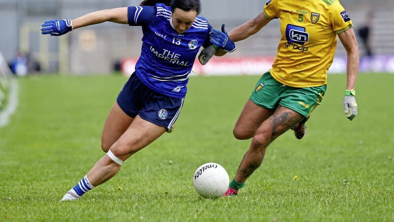Donegal&#39;s Tanya Kennedy in action against Cavan&#39;s Geraldine Sheridan during the 2022 Ulster LGFA Football Senior Championship semi-final Picture: Philip Walsh 
