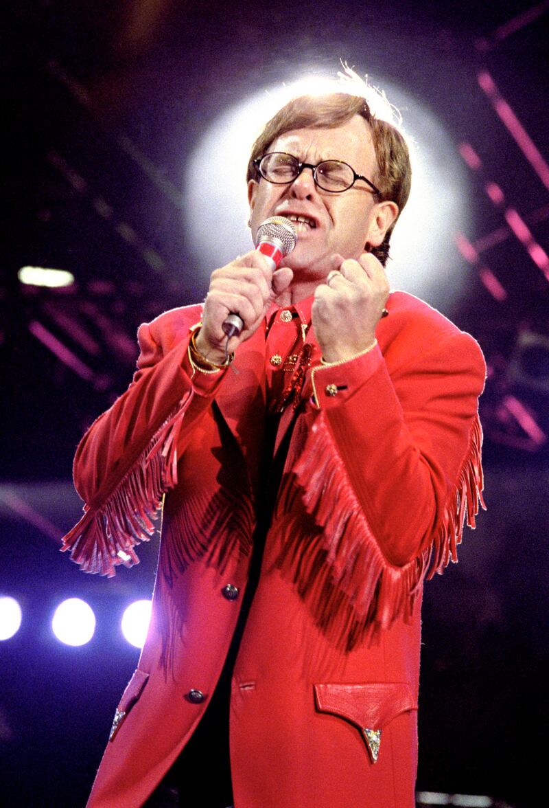 Elton John performing during the Freddie Mercury Tribute Concert at Wembley, London (PA)