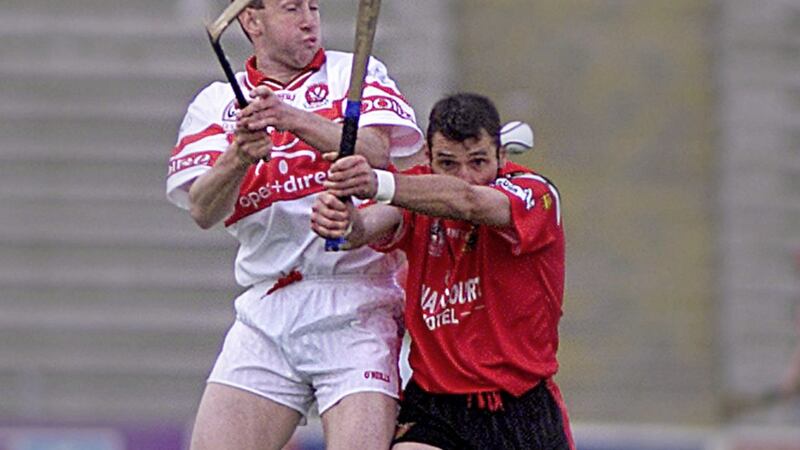 Ollie Collins (left) was deemed the main threat for his club Lavey ahead of their 1997 Ulster Club SHC Final against Dunloy. Pic Ann McManus 