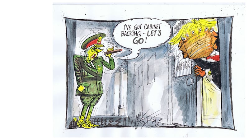 Ian Knox cartoon 16/4/18: Having secured her Cabinet's approval for Britain joining France and the US in a military action against Syria's government, the British PM seems set to defy calls from opposition parties for Parliament to be recalled in order for MPs to vote on authorising intervention. Ironically the instigator of the bellicose tweets appears to draw back&nbsp;