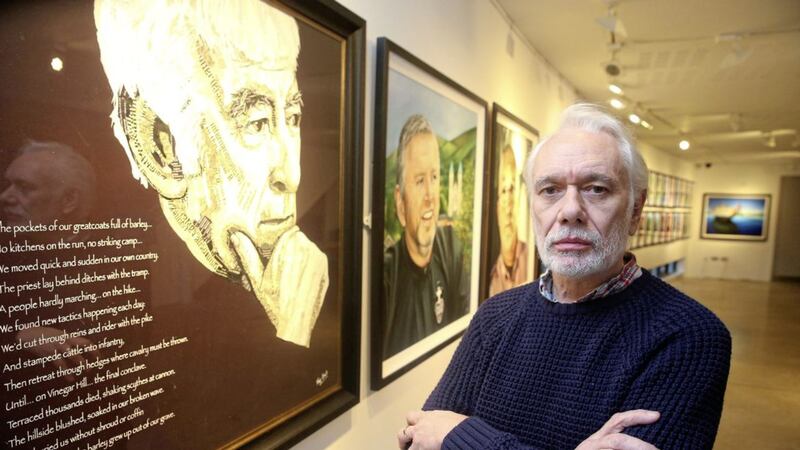 West Belfast artist Tony Bell at his exhibition in the Dillon Gallery in the Cult&uacute;rlann. Picture by Mal McCann 