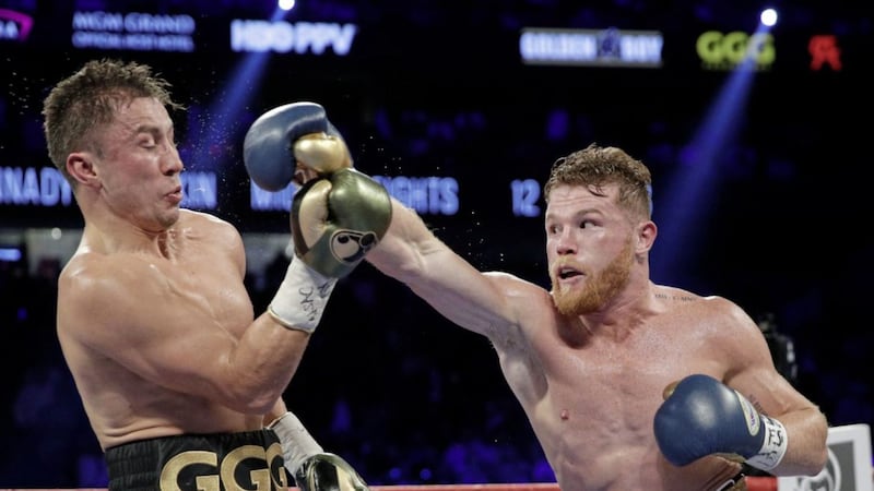 Saul &#39;Canelo&#39; Alvarez (right) throws a right at Gennady Golovkin during their middleweight boxing bout in 2017 in Las Vegas. 