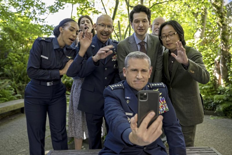 Space Force series two: Tawny Newsome, Diana Silvers, Don Lake, Steve Carell, Ben Schwartz, John Malkovich and Jimmy O Yang 