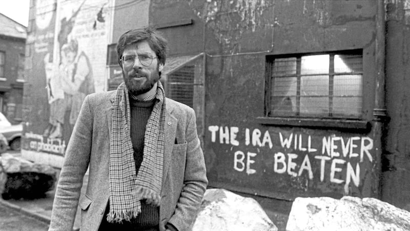Sinn F&eacute;in president Gerry Adams pictured outside the party&#39;s HQ on the Falls Road in January 1984. Pacemaker pictures. 
