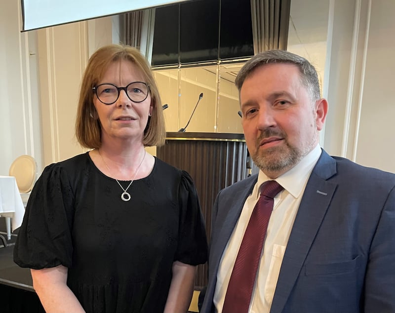 Minister of Health Robin Swann with Ursula Mason, chair of the Royal College of General Practitioners in NI, at the college’s conference in the Tullyglass Hotel in Ballymena .