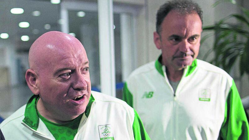The Olympic Council of Ireland team leader Kevin Kilty, left, and chief executive Stephen Martin leave the police headquarters in Rio de Janeiro, Brazil, on Thursday. Picture by Leo Correa, Associated Press 