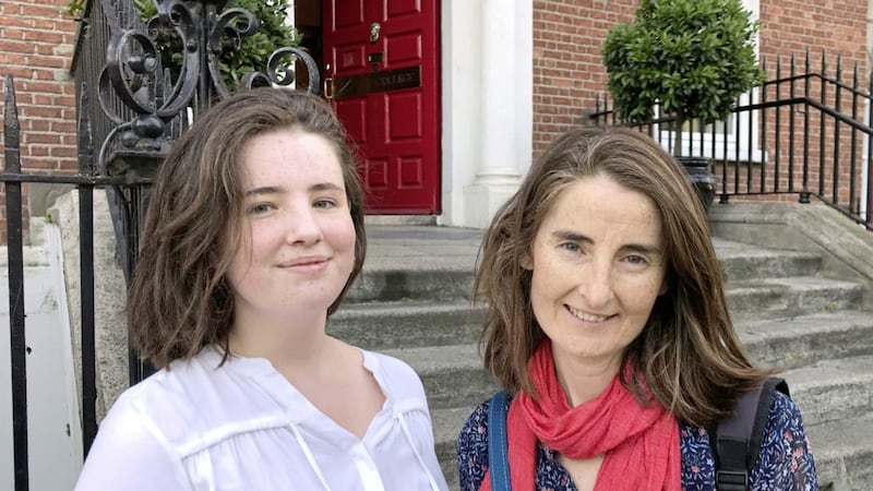 Aisling Garvey with her mother Valerie Shine at Loreto College on St Stephen&#39;s Green, Dublin, after receiving her Leaving Certificate results Picture by Michelle Devane/PA 