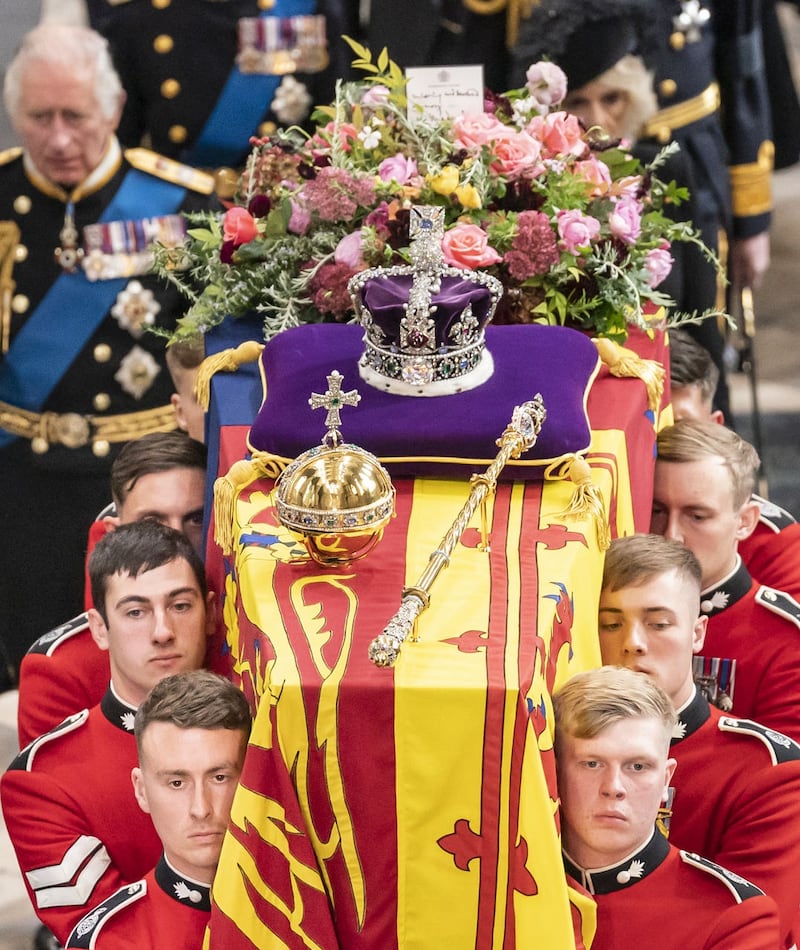 King Charles III and members of the royal family following behind the coffin of Queen Elizabeth II at the State Funeral