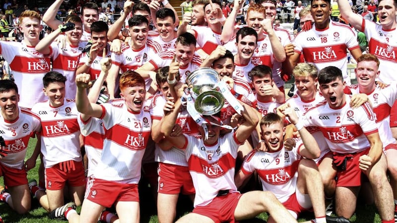 Derry minors celebrate winning the Ulster Minor Football Championship final at Clones on Sunday Picture by Seamus Loughran 