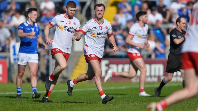 Tyrone’s Darragh Canavan celebrates during the Ulster Quarter final.  Picture Mark Marlow