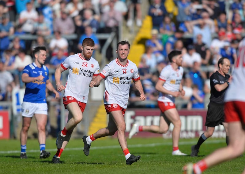 Tyrone’s Darragh Canavan celebrates during the Ulster Quarter final.  Picture Mark Marlow
