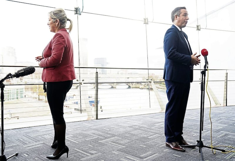 Former First Minister Paul Givan and Deputy First Minister Michelle O'Neill pictured in 2021 before the DUP collapsed of the power-sharing executive in protest at the Northern Ireland Protocol