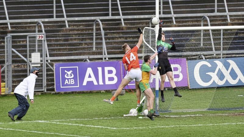 Donegal goalkeeper Shaun Patton and defender Jeaic McKelvey with Rian O&#39;Neill of Armagh during the Ulster Senior Football Championship semi-final at Kingspan Breffni Park. Picture Margaret McLaughlin. 