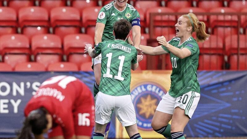Northern Ireland&#39;s Marissa Callaghan celebrates her goal against Luxembourg on Friday. 
