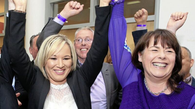 Michelle Gildernew with Sinn F&eacute;in northern leader Michelle O'Neill celebrates her election to Westminster earlier this month. Picture by Liam McBurney/PA Wire