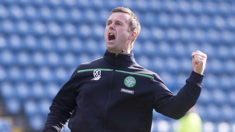 Manager Ronny Deila celebrates Celtic's late winner during Saturday's Ladbrokes Scottish Premiership match against Kilmarnock at Rugby Park<br />Picture by PA&nbsp;