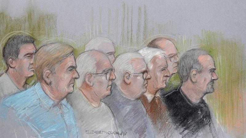 Artist sketch of Paul Reeder, William Lincoln, John Collins, Brian Reader and Hugh Doyle, (back row left to right) Daniel Jones, Terry Perkins and Carl Wood