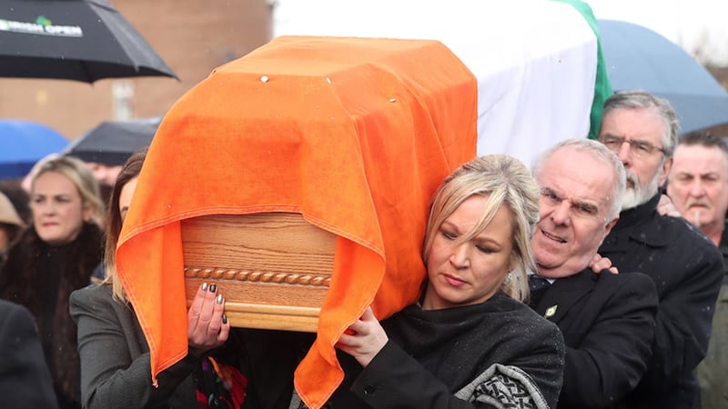 The coffin of Northern Ireland's former deputy first minister and ex-IRA commander Martin McGuinness is carried to his home in Derry after he died aged 66 &nbsp;